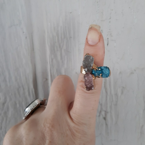 New Handmade Titanium Druzy Agate Gold Plated Adjustable Ring. - Picture 3 of 8